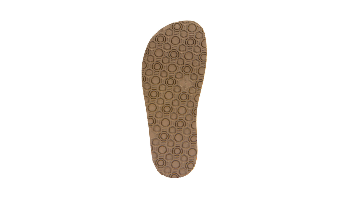 Barfußschuhe als Slipper mit elastischem Einsatz, geschlossene Zehen und geschlossener Fersenbereich, einzelner Schuh, Ansicht von unten