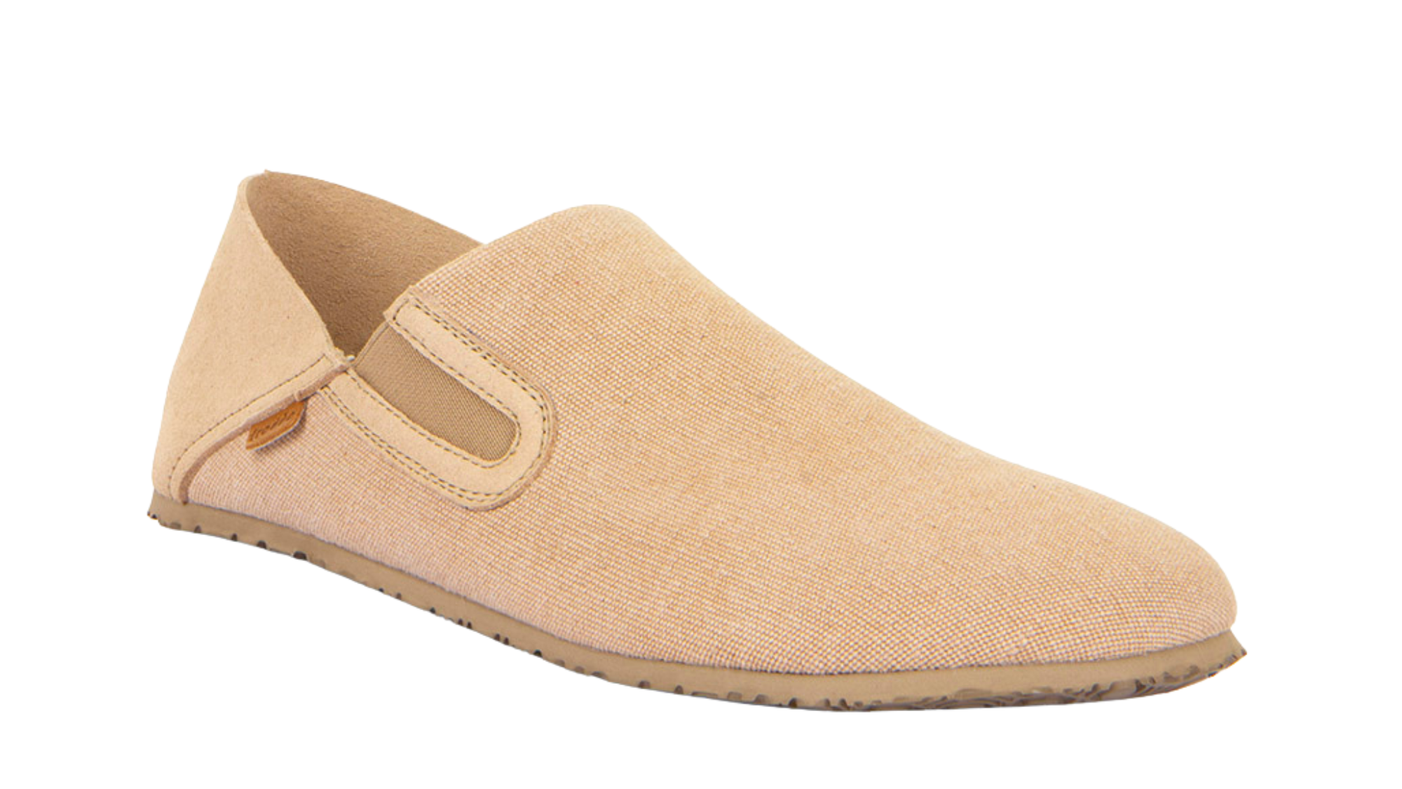 Barfußschuhe als Slipper mit elastischem Einsatz, geschlossene Zehen und geschlossener Fersenbereich, einzelner Schuh, schräge Vorderansicht