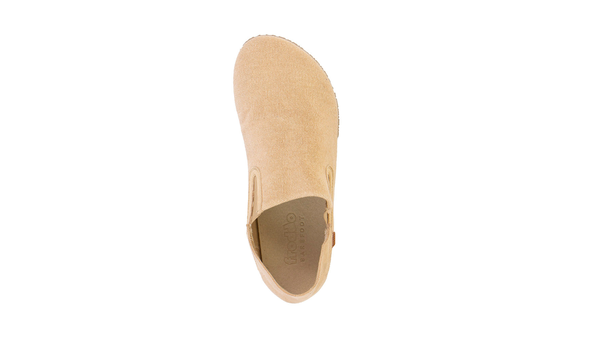 Barfußschuhe als Slipper mit elastischem Einsatz, geschlossene Zehen und geschlossener Fersenbereich, einzelner Schuh, Draufsicht