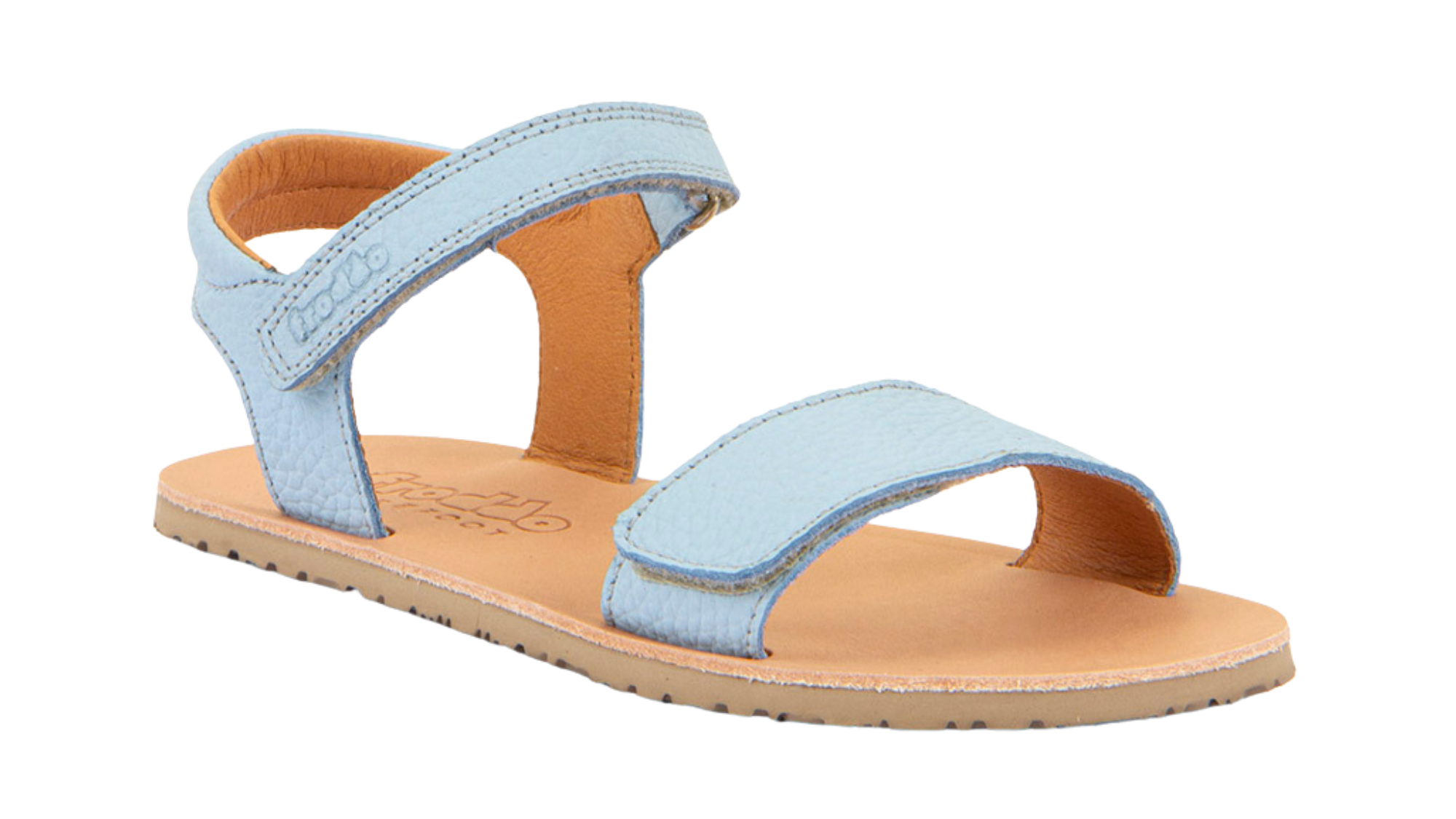 Barfußsandale für Kinder mit zwei Klettverschlüssen, offene Zehen und offener Fersenbereich, einzelner Schuh, schräge Vorderansicht