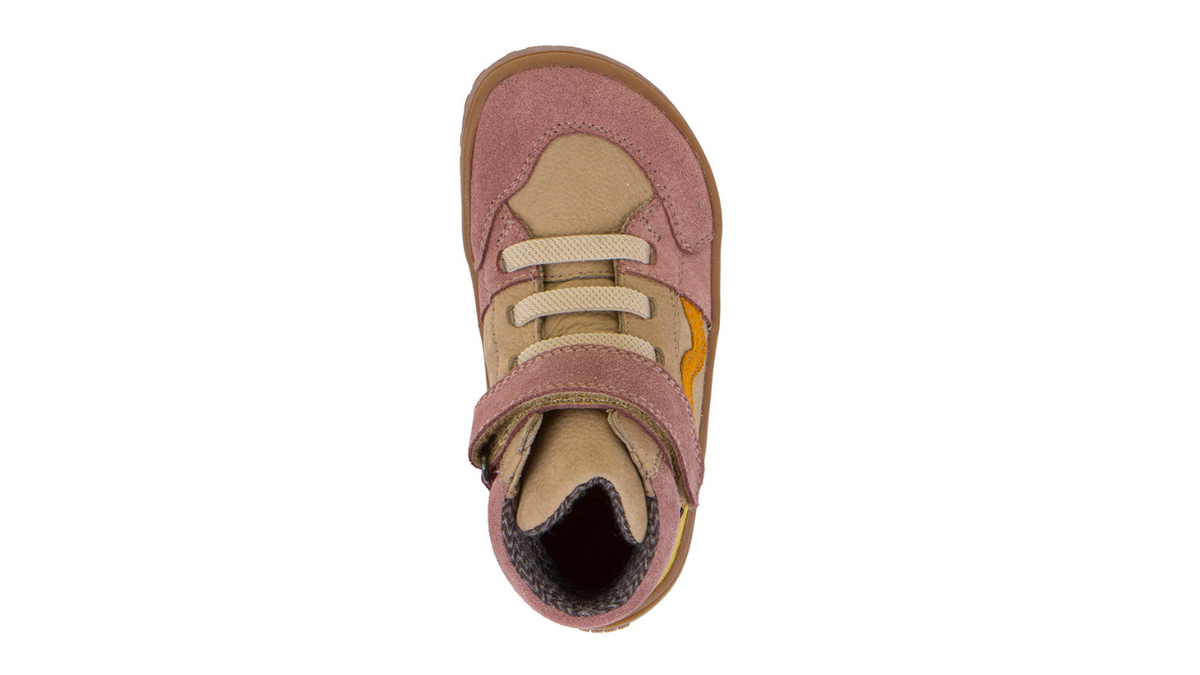 Barfußschuh mit Schnürung und zusätzlichem Klettverschluss, geschlossene Zehen und geschlossener Fersenbereich, Draufsicht