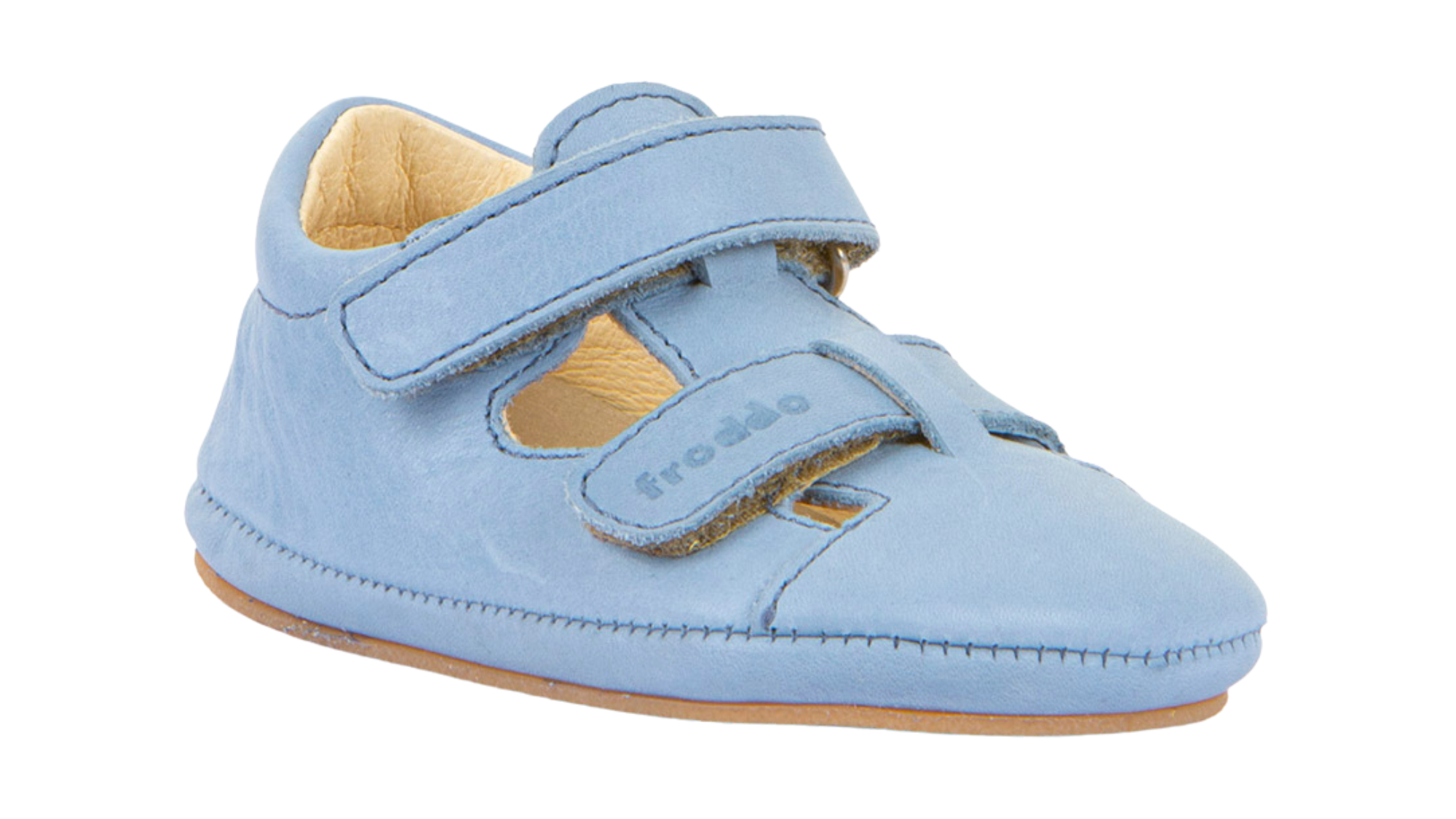Barfußsandale für Kinder, geschlossene Zehen und geschlossener Fersenbereich, Klettverschluss, seitliche Aussparungen, flexible Sohle, Einzelschuh, schräge Vorderansicht