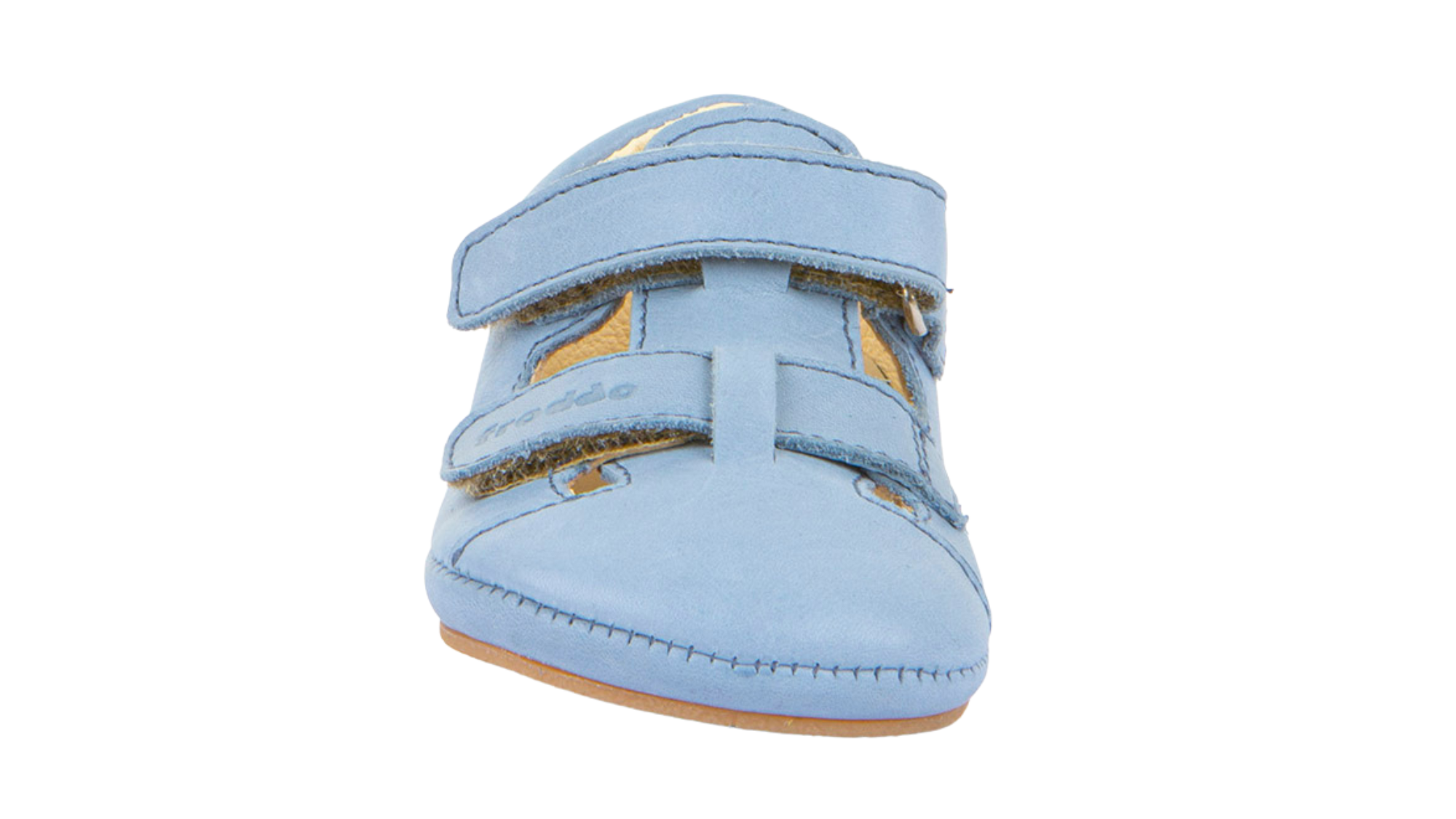 Barfußsandale für Kinder, geschlossene Zehen und geschlossener Fersenbereich, Klettverschluss, seitliche Aussparungen, flexible Sohle, Einzelschuh, Vorderansicht
