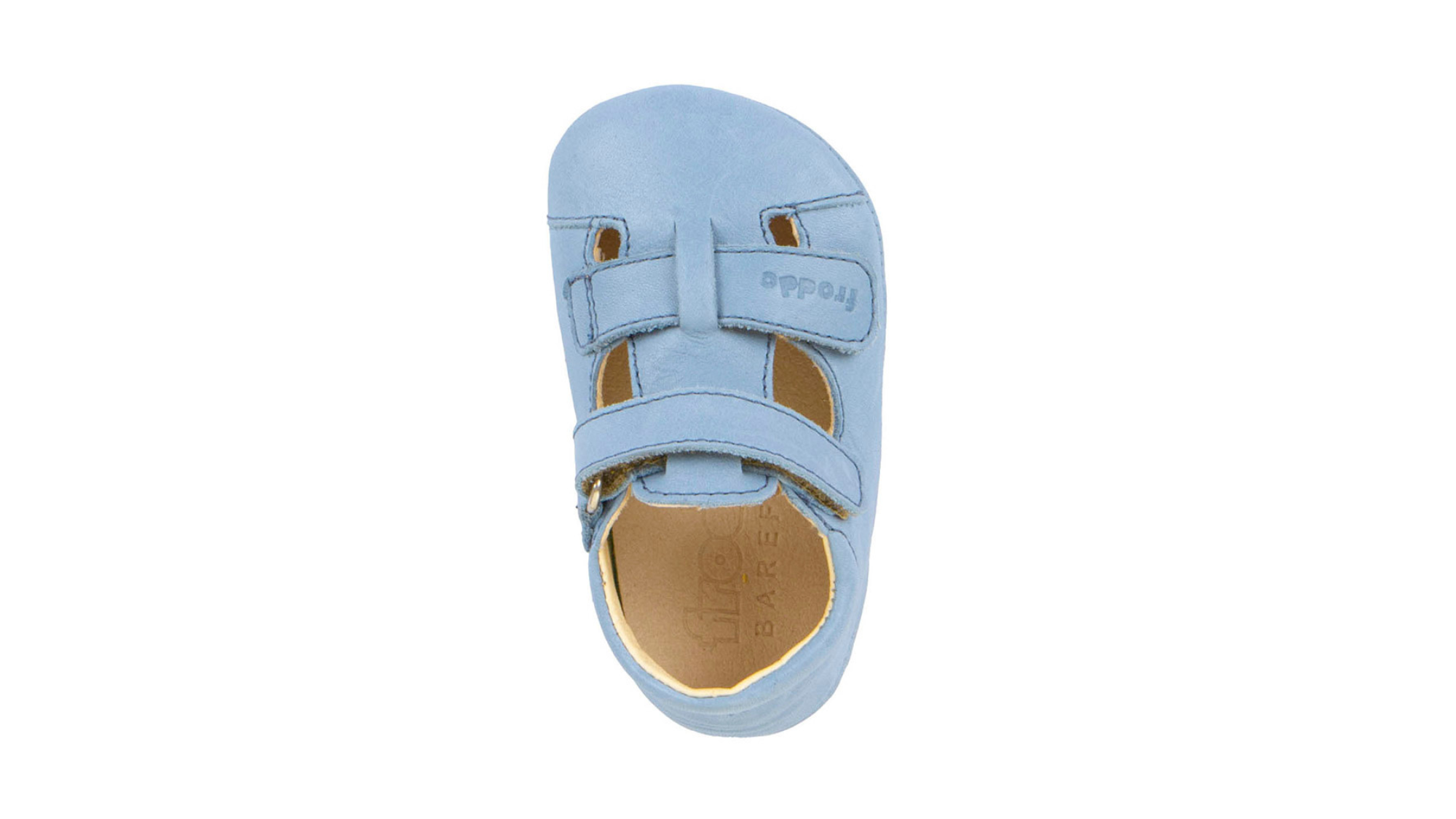 Barfußsandale für Kinder, geschlossene Zehen und geschlossener Fersenbereich, Klettverschluss, seitliche Aussparungen, flexible Sohle, Einzelschuh, Draufsicht