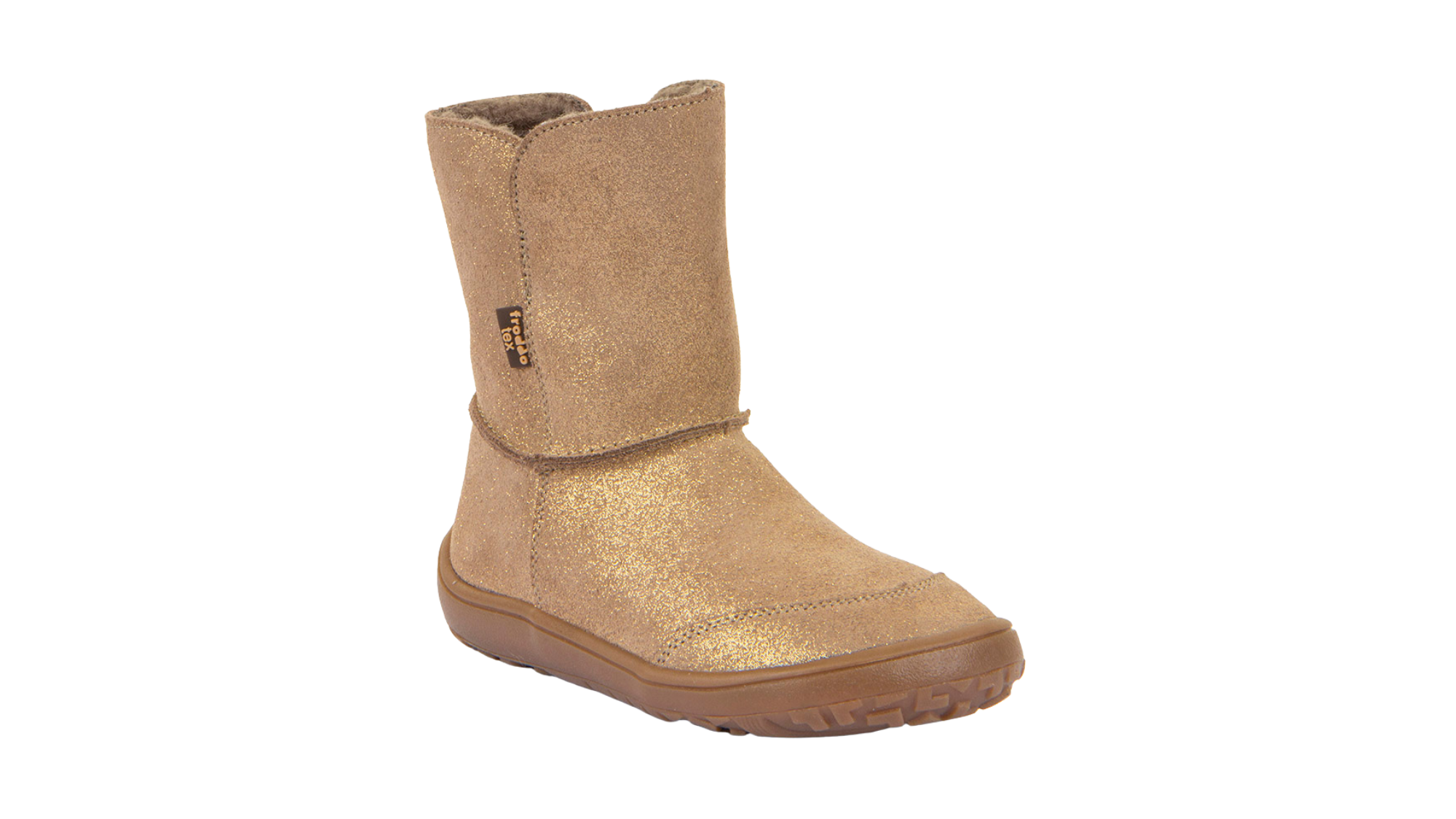 Barfußwinterstiefel für Kinder, geschlossene Zehen und geschlossener Fersenbereich, Schaft ohne Verschluss, flexible Sohle, glitzernde Oberfläche, Einzelschuh, schräge Vorderansicht