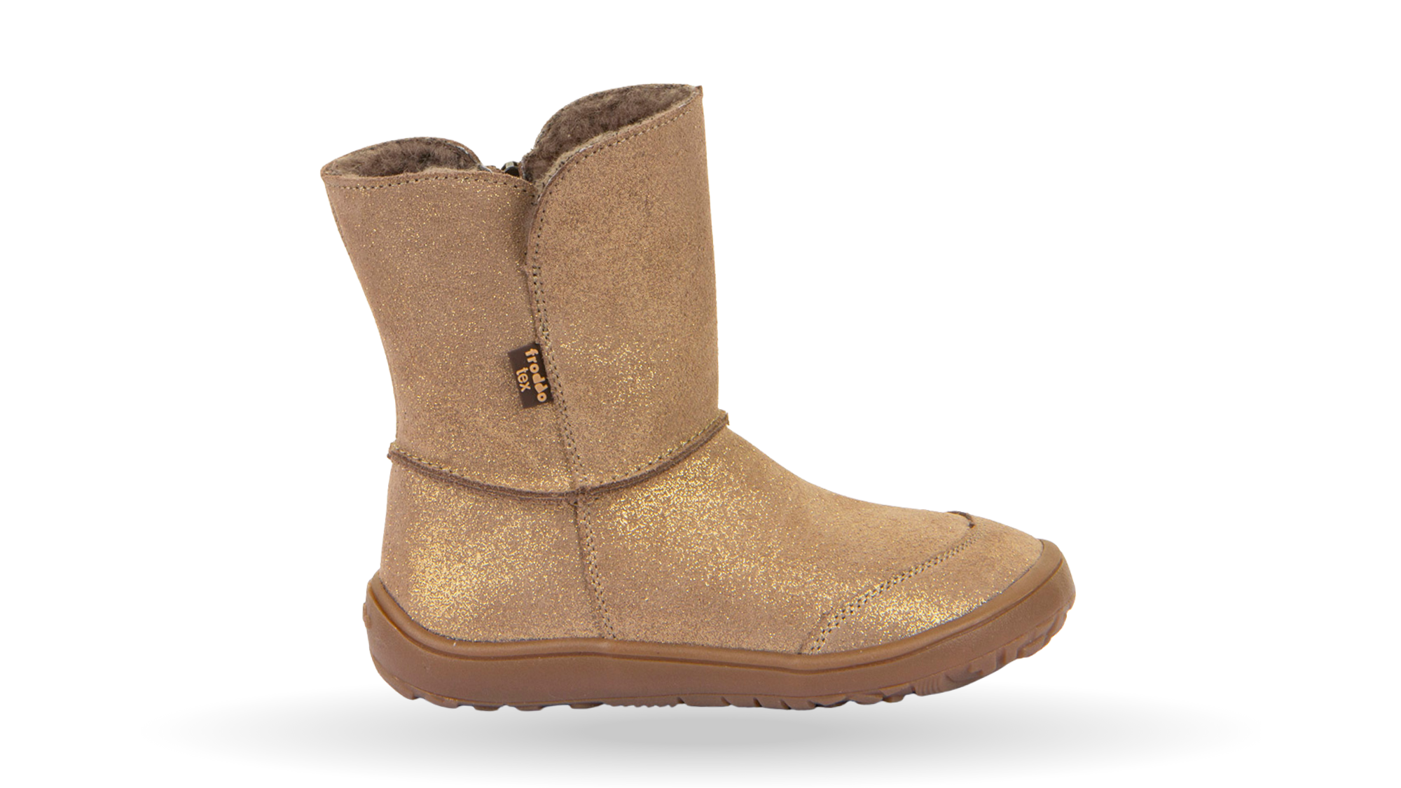 Barfußwinterstiefel für Kinder, geschlossene Zehen und geschlossener Fersenbereich, Schaft ohne Verschluss, flexible Sohle, glitzernde Oberfläche, Einzelschuh, Seitenansicht außen