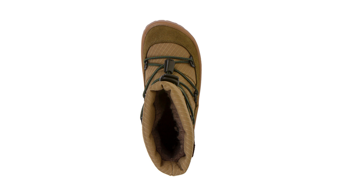 Barfußwinterstiefel für Kinder, geschlossene Zehen und geschlossener Fersenbereich, Schnürung mit Kordelzug, profilierte Sohle, Einzelschuh, Draufsicht