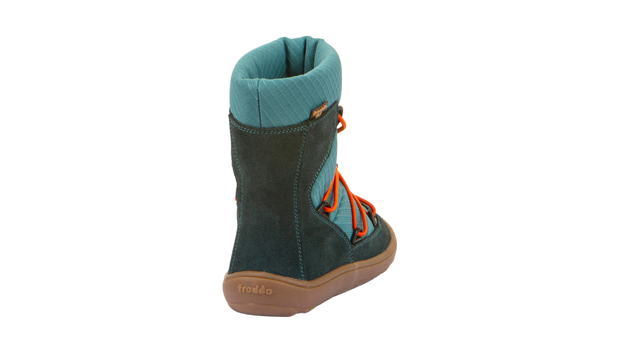 Barfußwinterstiefel für Kinder, geschlossene Zehen und geschlossener Fersenbereich, Schnürung mit Kordelzug, profilierte Sohle, Einzelschuh, Rückansicht