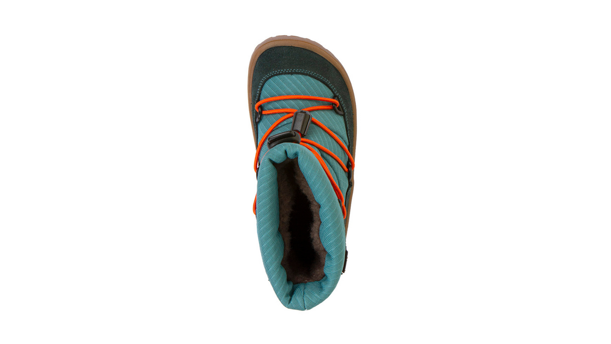 Barfußwinterstiefel für Kinder, geschlossene Zehen und geschlossener Fersenbereich, Schnürung mit Kordelzug, profilierte Sohle, Einzelschuh, Draufsicht