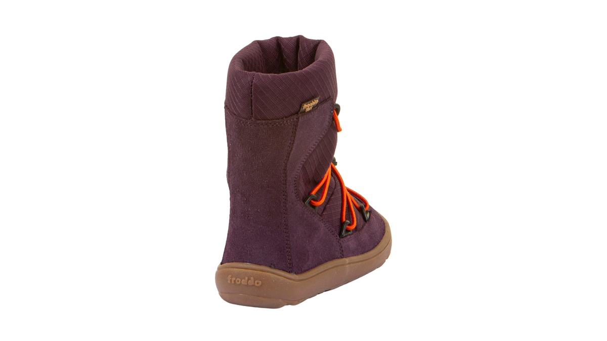 Barfußwinterstiefel für Kinder, geschlossene Zehen und geschlossener Fersenbereich, Schnürung mit Kordelzug, profilierte Sohle, Einzelschuh, Rückansicht
