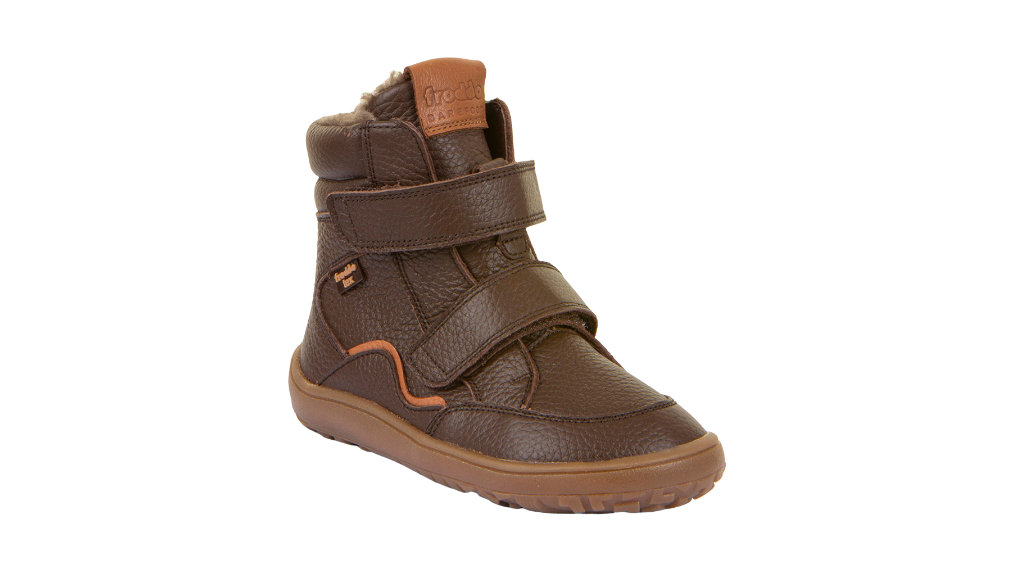 Barfußwinterstiefel für Kinder, geschlossene Zehen und geschlossener Fersenbereich, zwei Klettverschlüsse, profilierte Sohle, strukturierte Oberfläche, Einzelschuh, schräge Vorderansicht