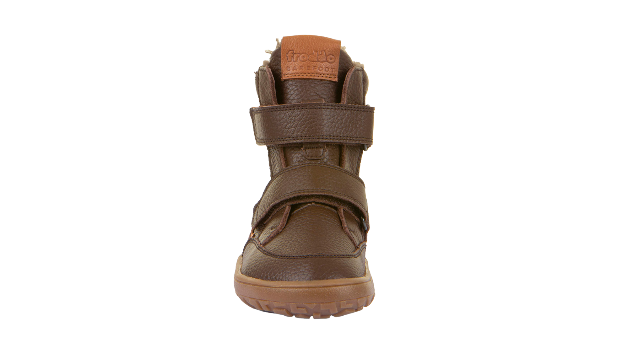 Barfußwinterstiefel für Kinder, geschlossene Zehen und geschlossener Fersenbereich, zwei Klettverschlüsse, profilierte Sohle, strukturierte Oberfläche, Einzelschuh, Vorderansicht