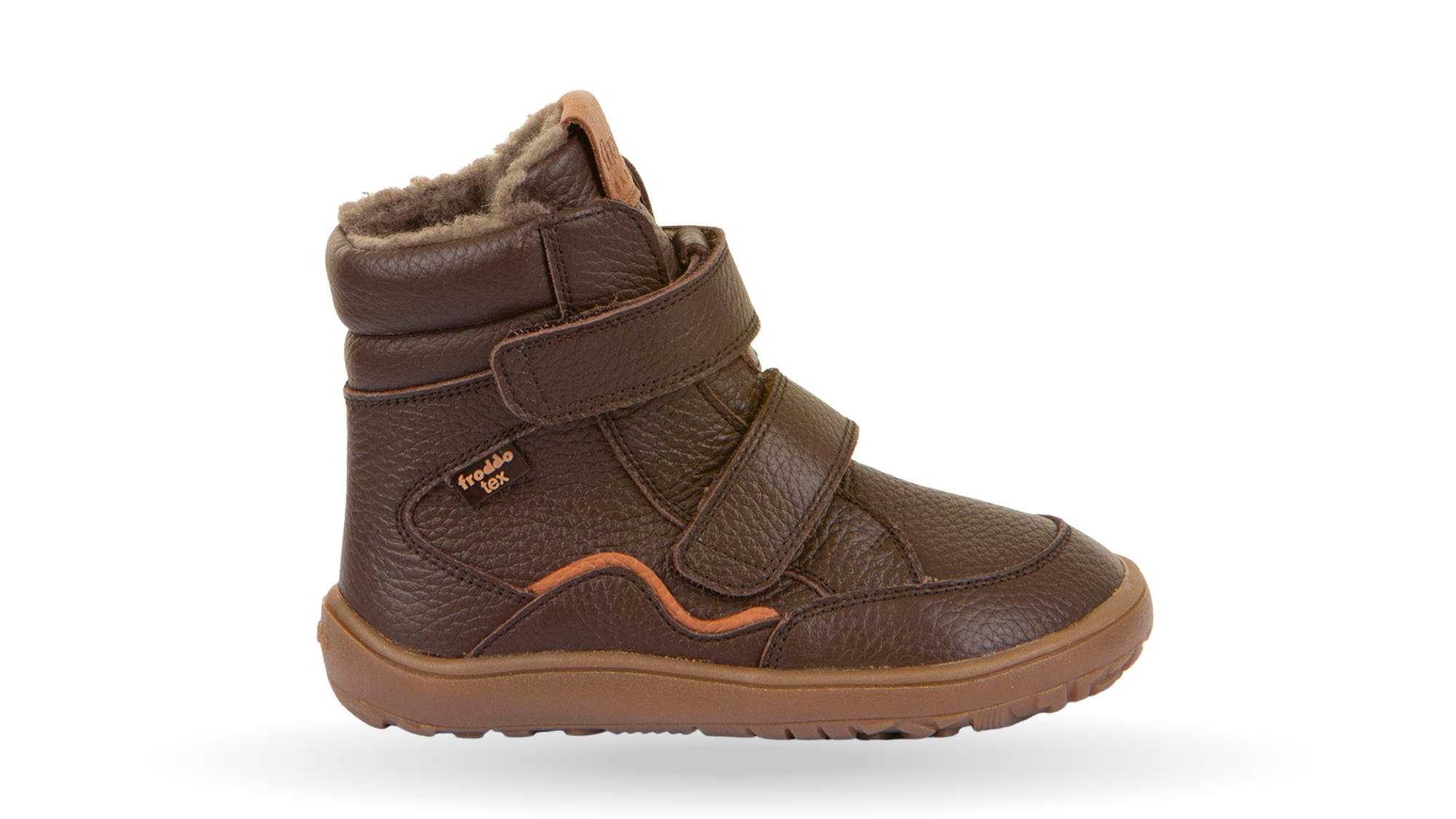Barfußwinterstiefel für Kinder, geschlossene Zehen und geschlossener Fersenbereich, zwei Klettverschlüsse, profilierte Sohle, strukturierte Oberfläche, Einzelschuh, Seitenansicht außen