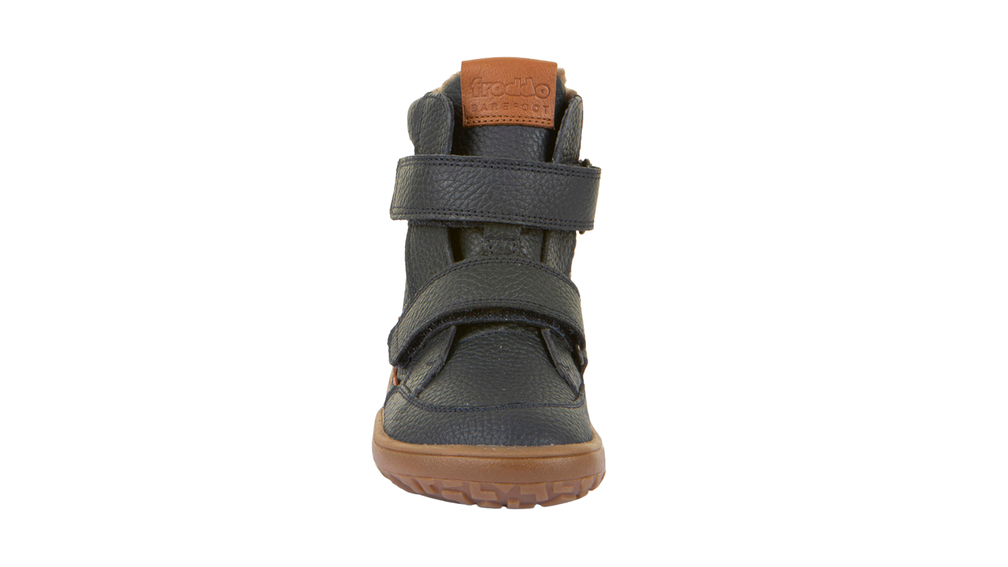 Barfußwinterstiefel für Kinder, geschlossene Zehen und geschlossener Fersenbereich, zwei Klettverschlüsse, profilierte Sohle, strukturierte Oberfläche, Einzelschuh, Vorderansicht