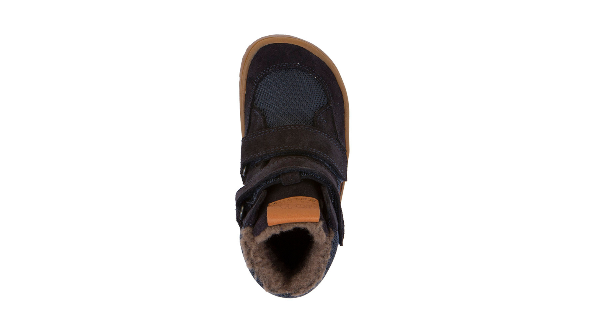 Barfußwinterstiefel für Kinder, geschlossene Zehen und geschlossener Fersenbereich, zwei Klettverschlüsse, profilierte Sohle, strukturierte Oberfläche, Einzelschuh, Draufsicht