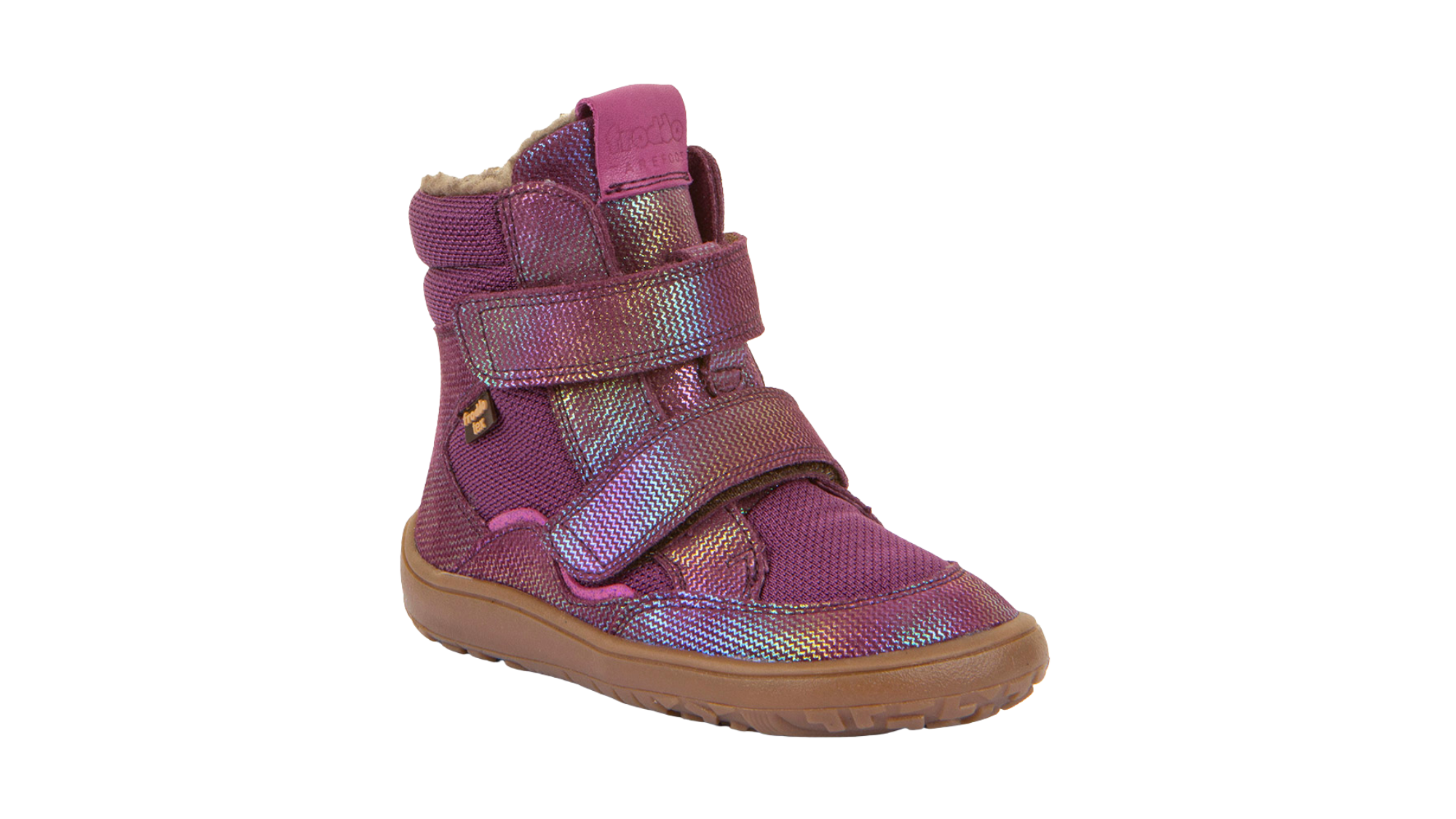 Barfußwinterstiefel für Kinder, geschlossene Zehen und geschlossener Fersenbereich, zwei Klettverschlüsse, profilierte Sohle, strukturierte Oberfläche, Einzelschuh, schräge Vorderansicht