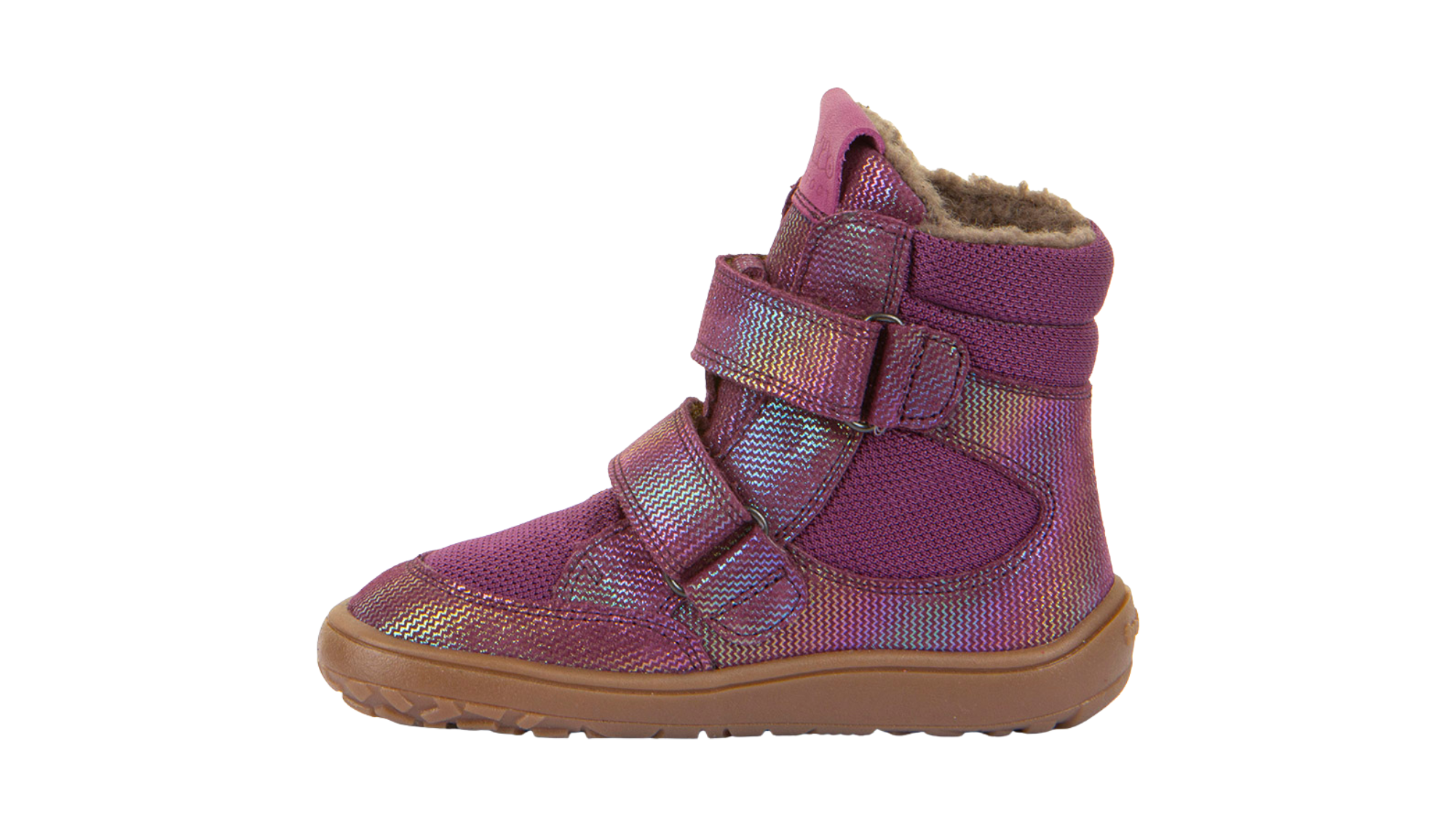 Barfußwinterstiefel für Kinder, geschlossene Zehen und geschlossener Fersenbereich, zwei Klettverschlüsse, profilierte Sohle, strukturierte Oberfläche, Einzelschuh, Seitenansicht innen