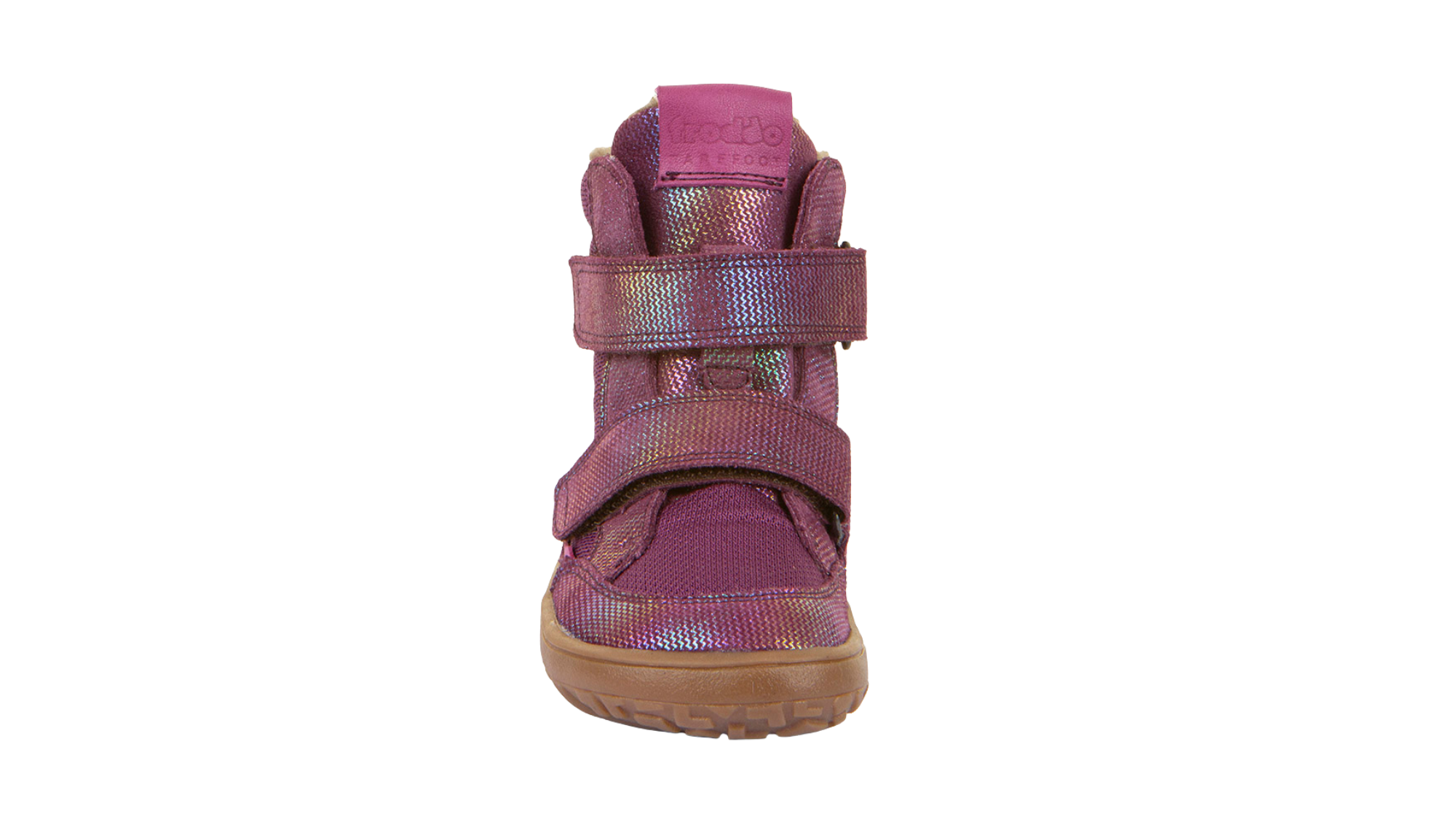 Barfußwinterstiefel für Kinder, geschlossene Zehen und geschlossener Fersenbereich, zwei Klettverschlüsse, profilierte Sohle, strukturierte Oberfläche, Einzelschuh, Vorderansicht