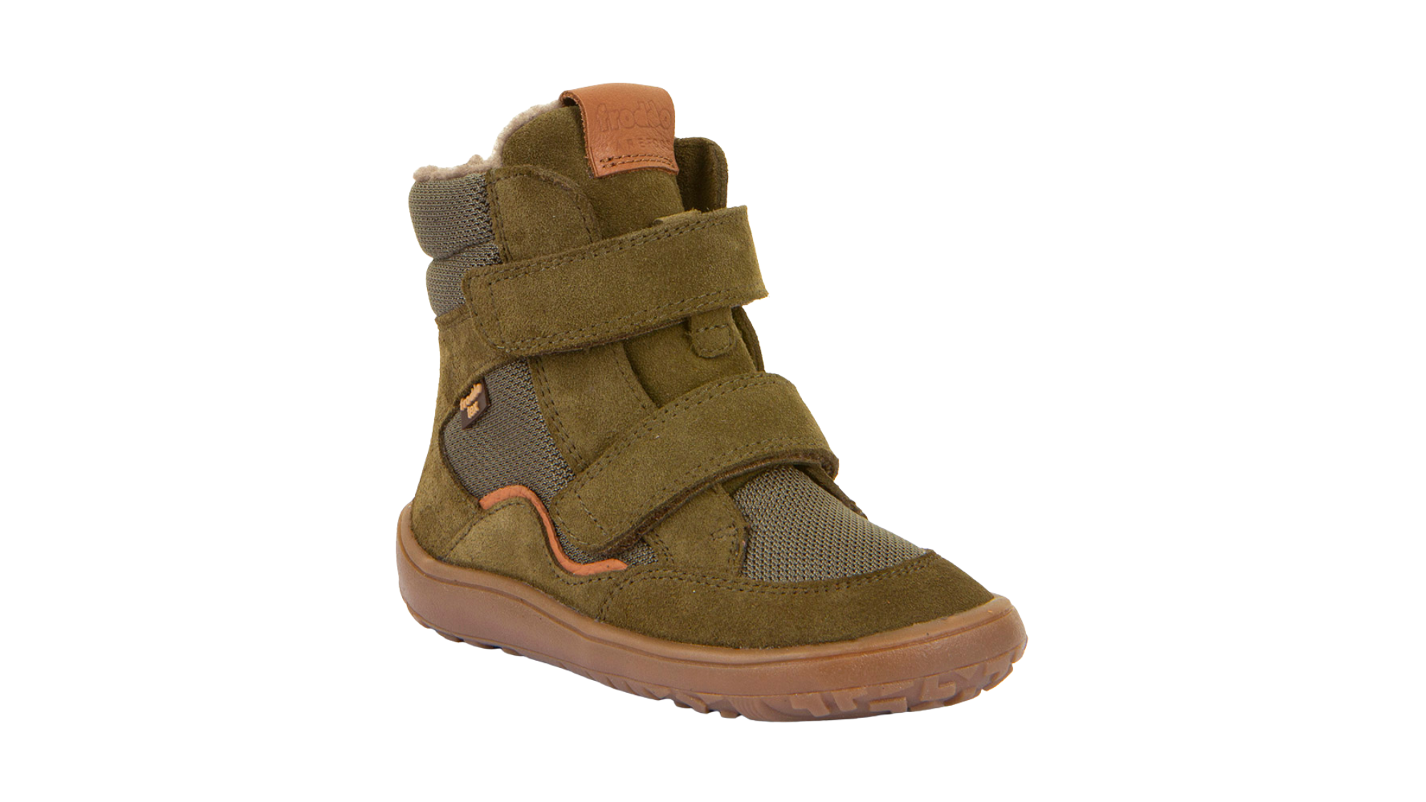 Barfußwinterstiefel für Kinder, geschlossene Zehen und geschlossener Fersenbereich, zwei Klettverschlüsse, profilierte Sohle, strukturierte Oberfläche, Einzelschuh, schräge Vorderansicht