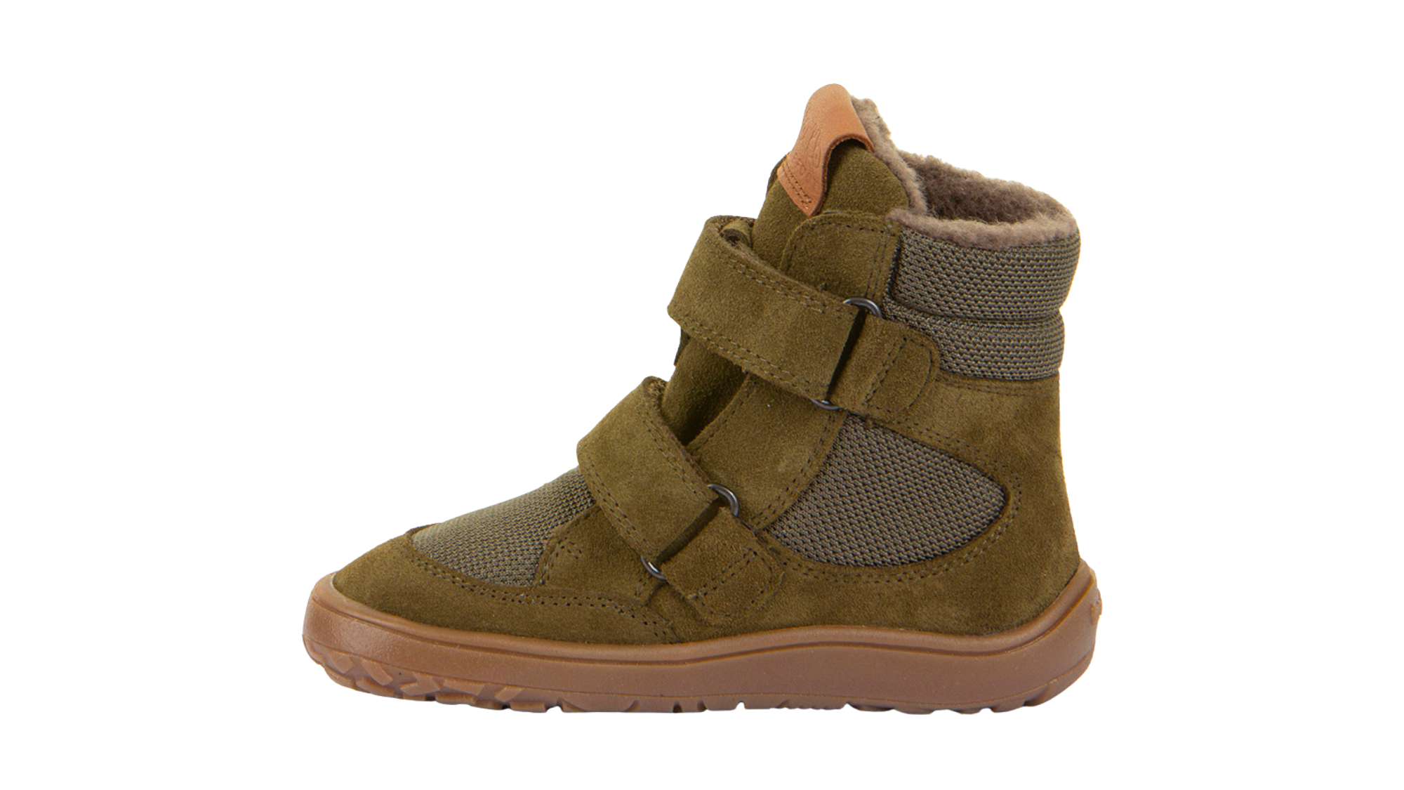 Barfußwinterstiefel für Kinder, geschlossene Zehen und geschlossener Fersenbereich, zwei Klettverschlüsse, profilierte Sohle, strukturierte Oberfläche, Einzelschuh, Seitenansicht innen