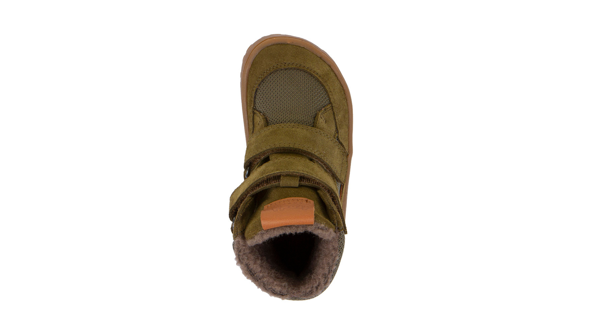 Barfußwinterstiefel für Kinder, geschlossene Zehen und geschlossener Fersenbereich, zwei Klettverschlüsse, profilierte Sohle, strukturierte Oberfläche, Einzelschuh, Draufsicht