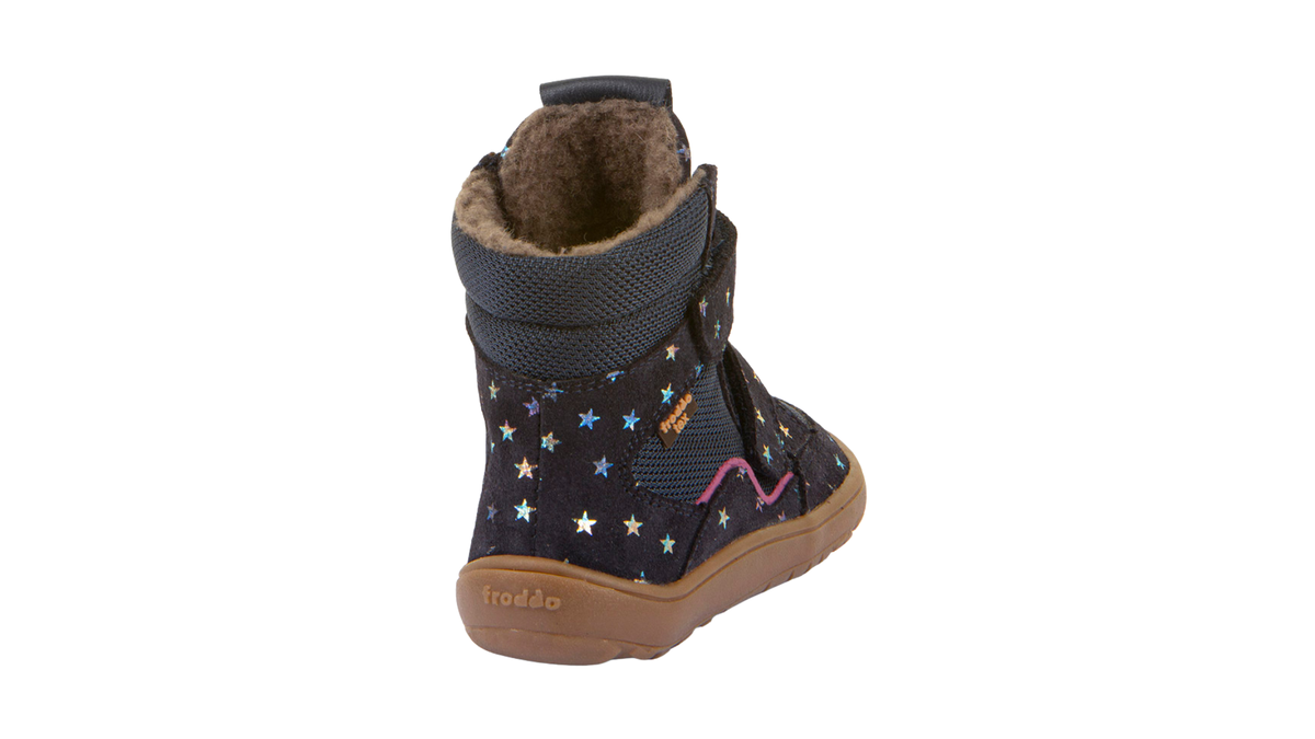 Barfußwinterstiefel für Kinder, geschlossene Zehen und geschlossener Fersenbereich, zwei Klettverschlüsse, profilierte Sohle, strukturierte Oberfläche, Einzelschuh, Rückansicht