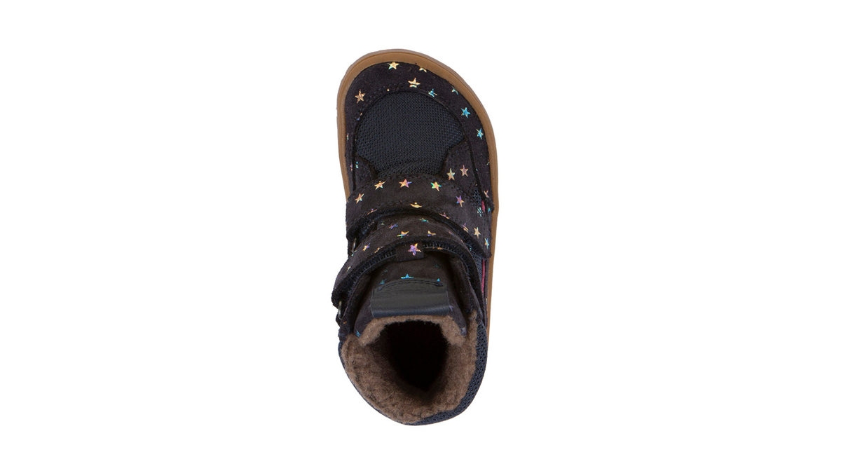 Barfußwinterstiefel für Kinder, geschlossene Zehen und geschlossener Fersenbereich, zwei Klettverschlüsse, profilierte Sohle, strukturierte Oberfläche, Einzelschuh, Draufsicht