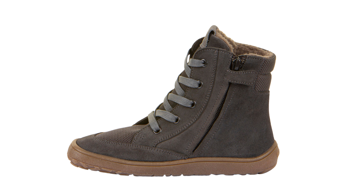 Barfußwinterstiefel für Kinder, geschlossene Zehen und geschlossener Fersenbereich, Schnürung mit Ösen, profilierte Sohle, Einzelschuh, Seitenansicht innen