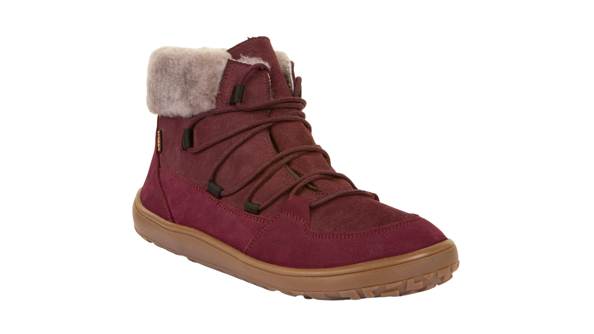 Barfußwinterstiefel, geschlossene Zehen und geschlossener Fersenbereich, Schnürung, flexible Sohle, Einzelschuh, schräge Vorderansicht