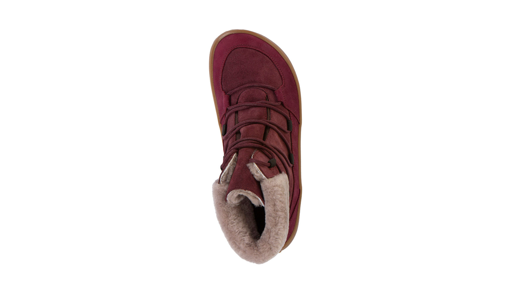 Barfußwinterstiefel, geschlossene Zehen und geschlossener Fersenbereich, Schnürung, flexible Sohle, Einzelschuh, Draufsicht