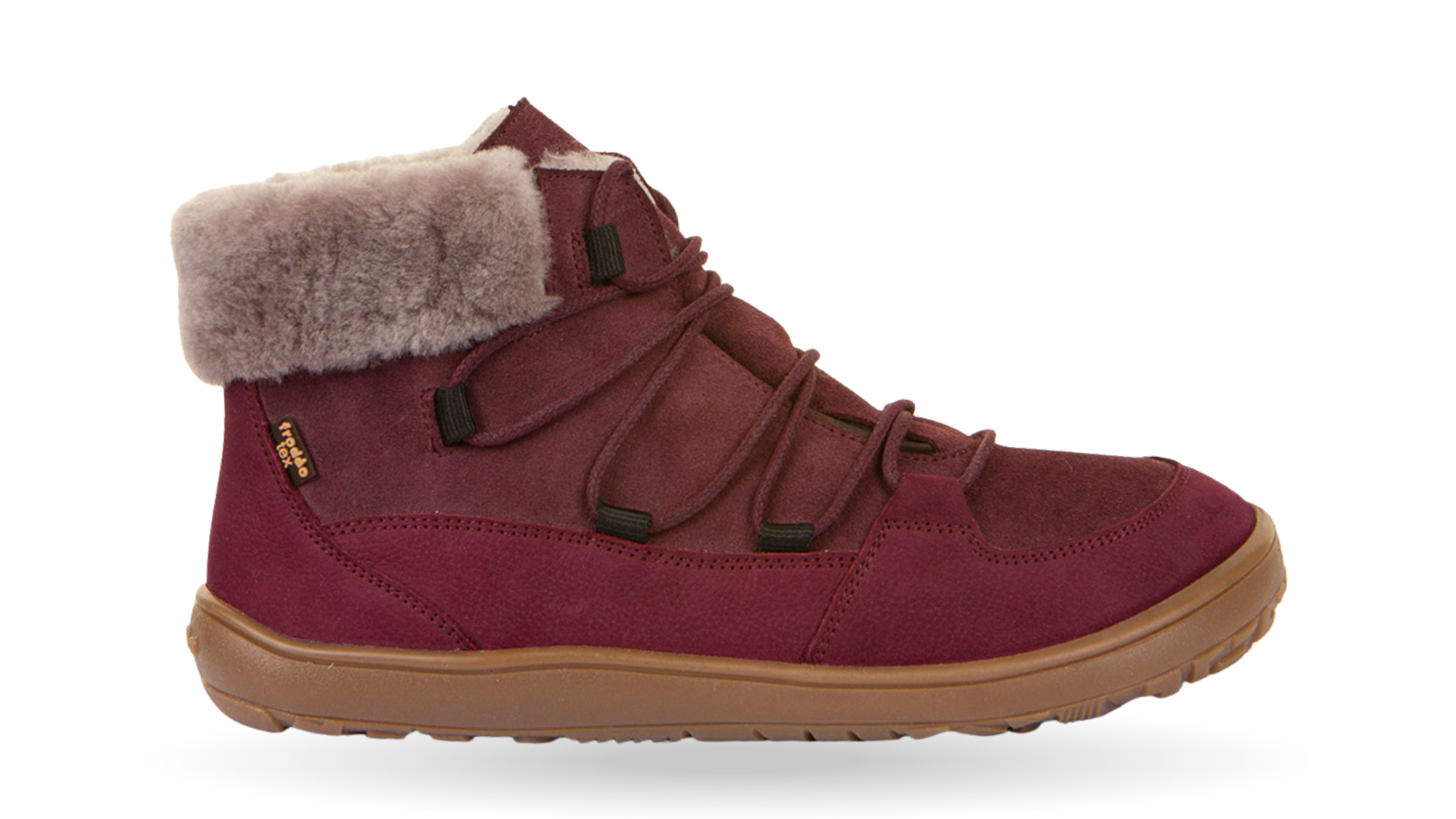 Barfußwinterstiefel, geschlossene Zehen und geschlossener Fersenbereich, Schnürung, flexible Sohle, Einzelschuh, Seitenansicht außen