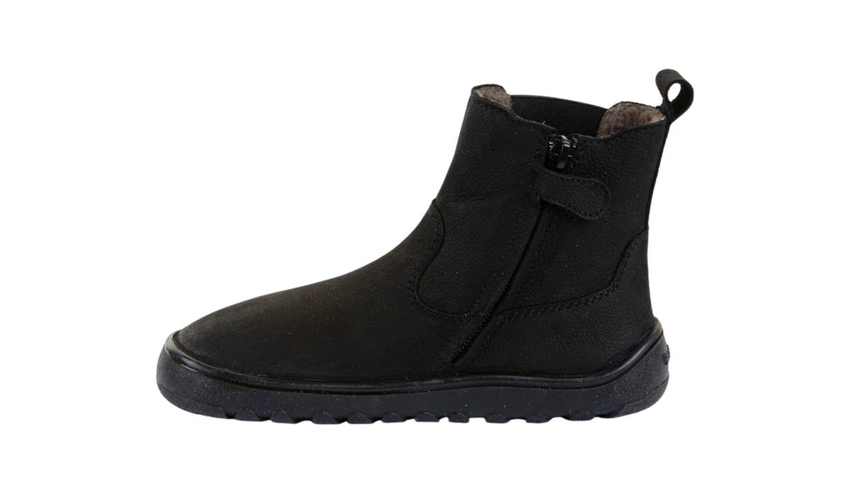 Kinder-Chelsea-Barfußstiefel mit breiter Zehenbox, elastischem Seiteneinsatz und geschlossenen Zehen, Seitenansicht innen