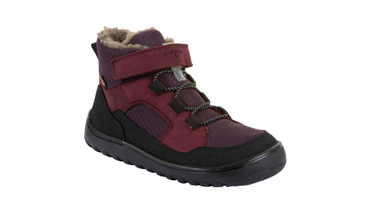Gefütterter Kinder-Barfußschuh mit Klettverschluss, Schnellverschluss und Zehenschutz, schräge Vorderansicht