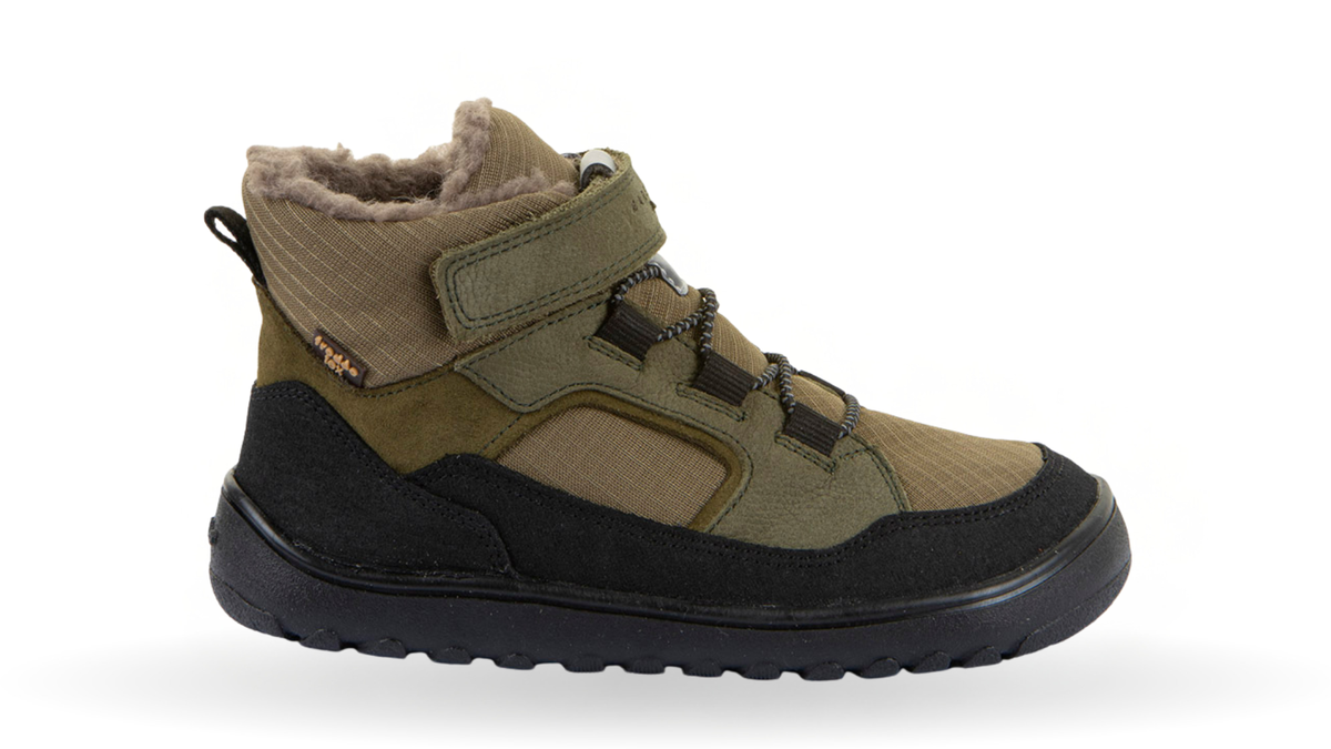 Gefütterter Kinder-Barfußschuh mit breiter Zehenbox, Klettverschluss und Schnellverschluss, Seitenansicht außen