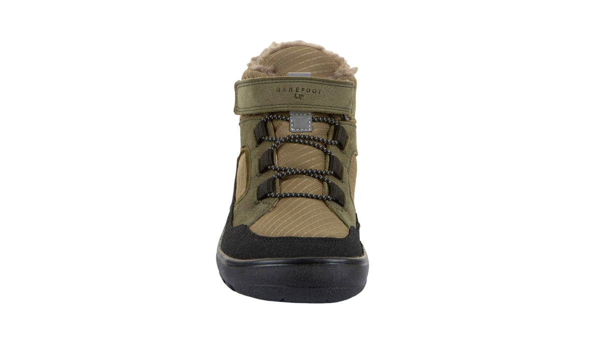 Gefütterter Kinder-Barfußschuh mit Klettverschluss, Schnellverschluss und Zehenschutz, schräge Vorderansicht