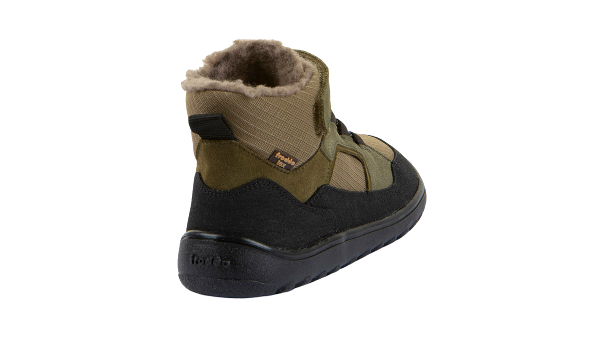 Gefütterter Kinder-Barfußschuh mit geschlossener Ferse, Futter und hochgezogener Sohle, Rückansicht