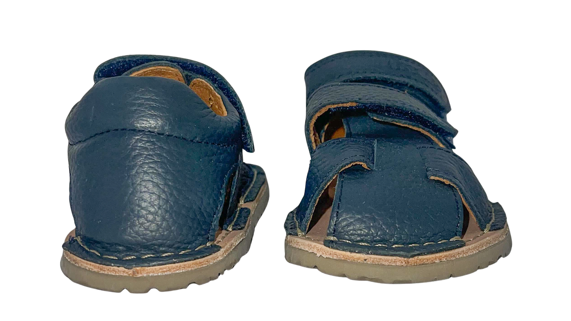 Barfußsandalen für Kinder mit zwei Klettverschlüssen, offene Zehen und offener Fersenbereich, Rückansicht, Paar