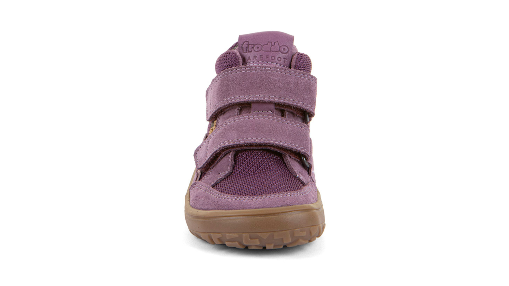 Kinder-Barfußschuh mit zwei Klettverschlüssen, breiter Zehenbox und Zehenschutz, Vorderansicht