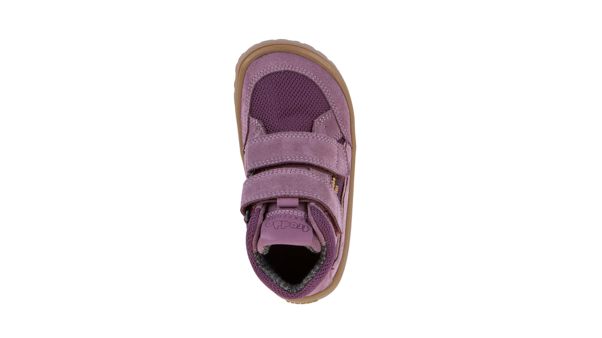 Kinder-Barfußschuh mit breiter Zehenbox, zwei Klettverschlüssen und geschlossenen Zehen, Draufsicht