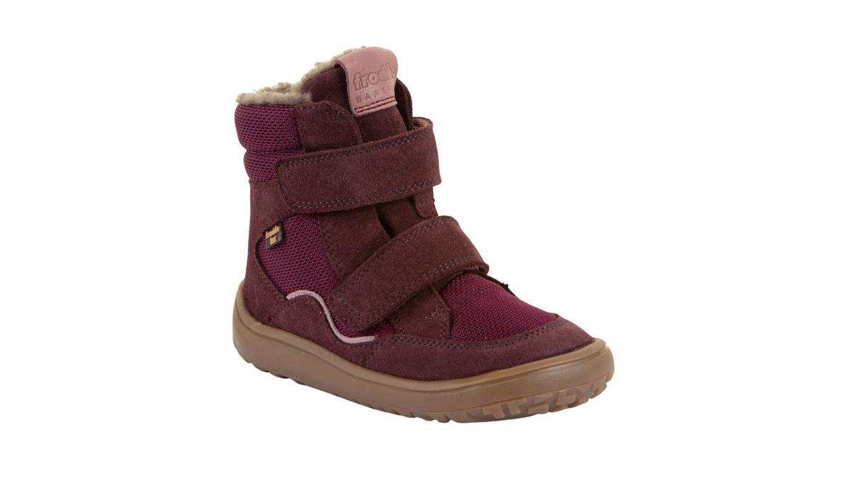 Gefütterter Kinder-Barfußschuh mit breiter Zehenbox, zwei Klettverschlüssen und Zehenschutz, schräge Vorderansicht