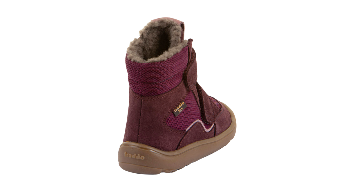Gefütterter Kinder-Barfußschuh mit geschlossener Ferse, sichtbarem Futter und hochgezogener Sohle, Rückansicht