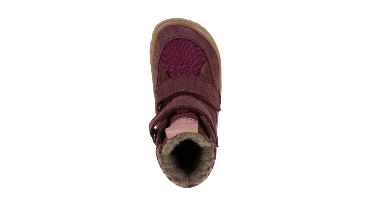 Gefütterter Kinder-Barfußschuh mit breiter Zehenbox, zwei Klettverschlüssen und sichtbarem Futter, Draufsicht