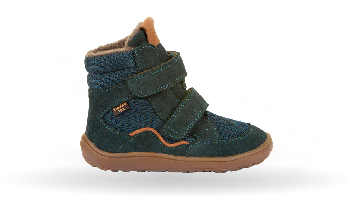 Gefütterter Kinder-Barfußschuh mit breiter Zehenbox, zwei Klettverschlüssen und Zehenschutz, Seitenansicht außen