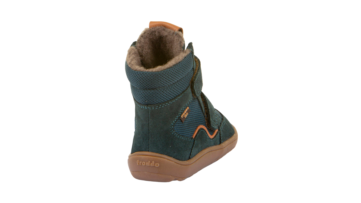 Gefütterter Kinder-Barfußschuh mit geschlossener Ferse, sichtbarem Futter und hochgezogener Sohle, Rückansicht