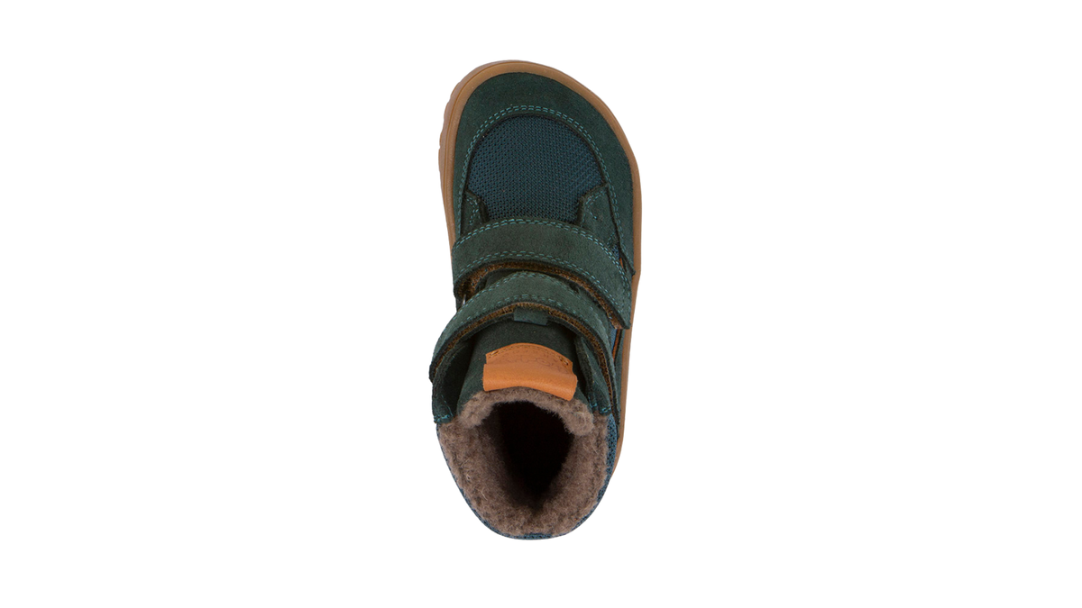 Gefütterter Kinder-Barfußschuh mit breiter Zehenbox, zwei Klettverschlüssen und sichtbarem Futter, Draufsicht