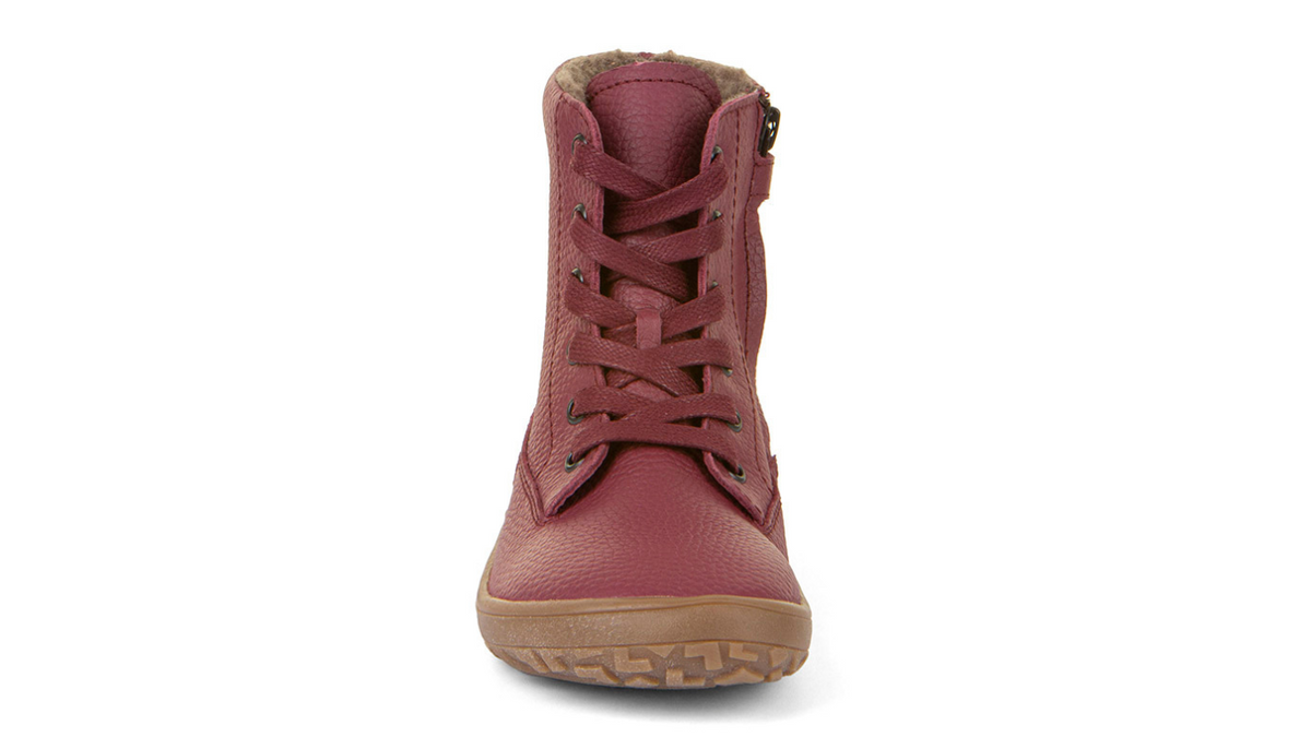 Barfußstiefel mit Schnürung, geschlossene Zehen und geschlossener Fersenbereich, Vorderansicht, einzelner Schuh