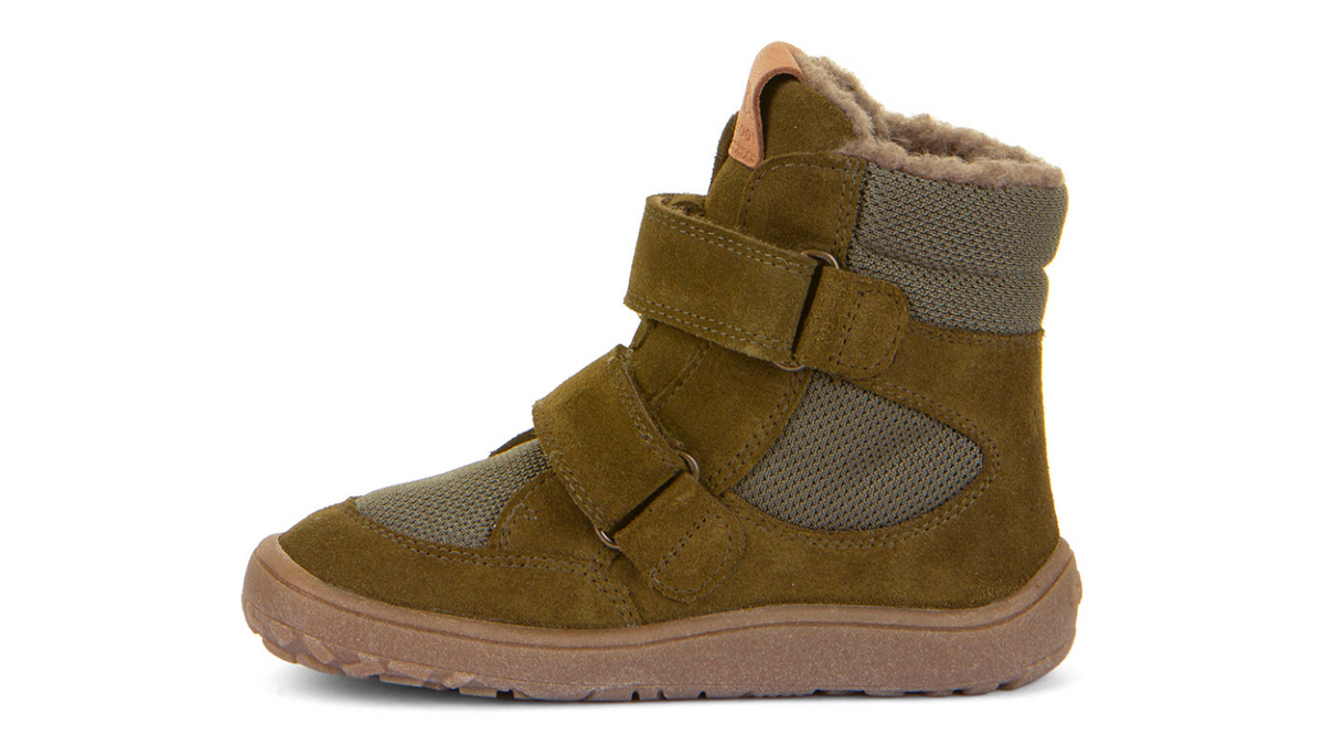 Barfußstiefel für Kinder mit zwei Klettverschlüssen, geschlossene Zehen und geschlossener Fersenbereich, Seitenansicht innen, einzelner Schuh
