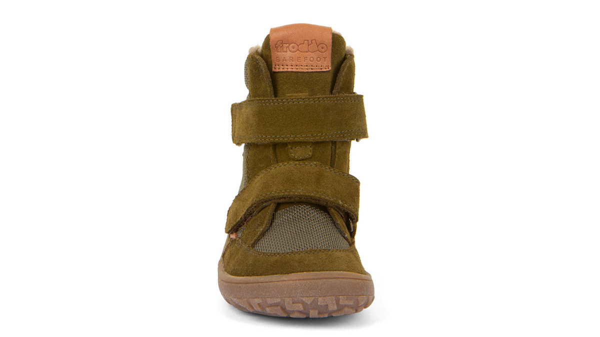 Barfußstiefel für Kinder mit zwei Klettverschlüssen, geschlossene Zehen und geschlossener Fersenbereich, Vorderansicht, einzelner Schuh