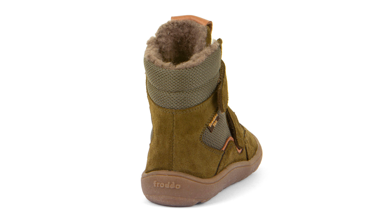 Barfußstiefel für Kinder mit zwei Klettverschlüssen, geschlossene Zehen und geschlossener Fersenbereich, Rückansicht, einzelner Schuh