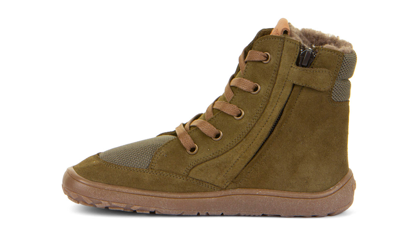 Barfußwinterstiefel für Kinder, geschlossene Zehen und geschlossener Fersenbereich, Schnürung mit Ösen, profilierte Sohle, Einzelschuh, Seitenansicht innen